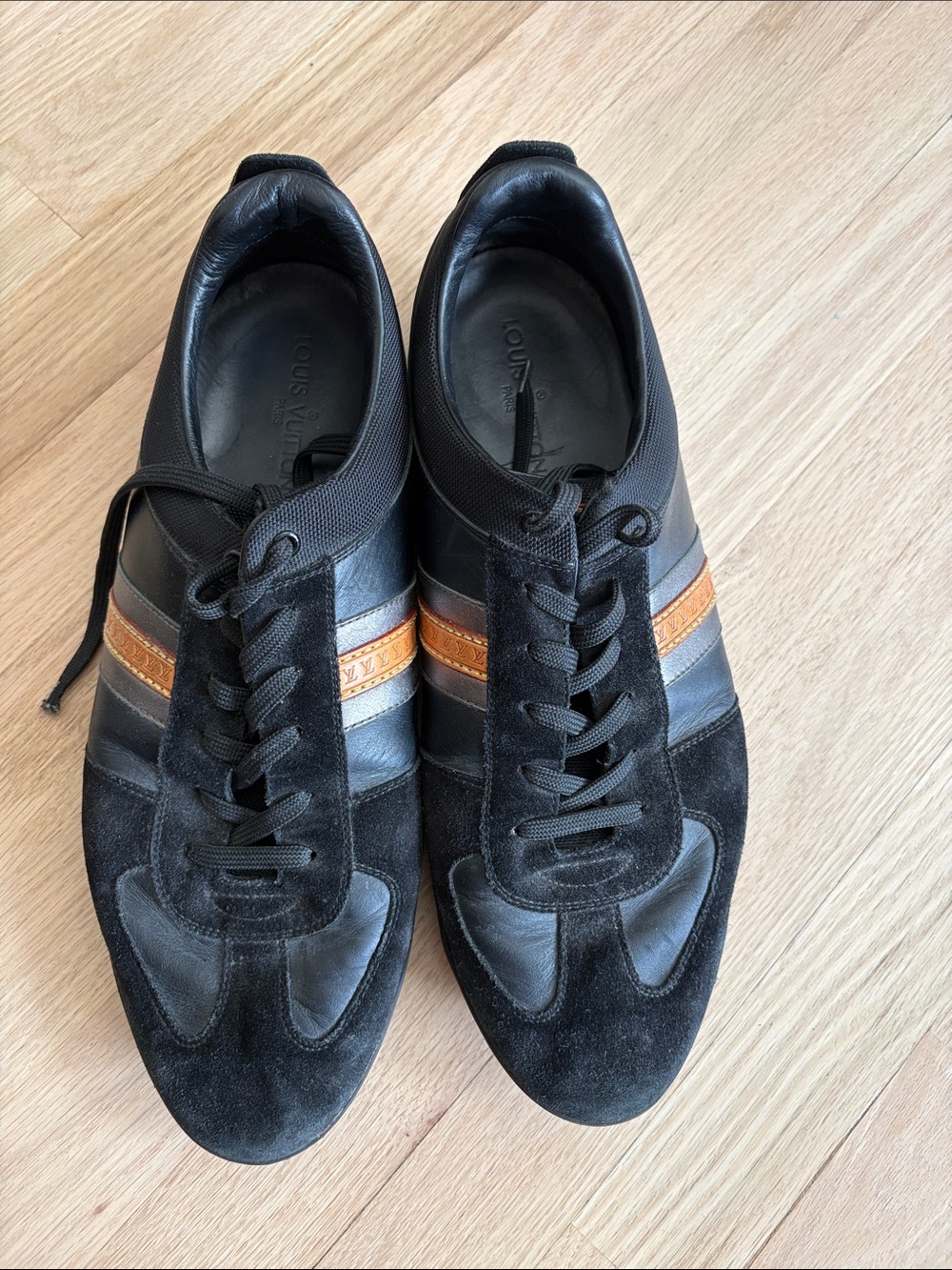 Authentic Louis Vuitton Men's Black Suede & Leather Sneakers with Orange Stripe